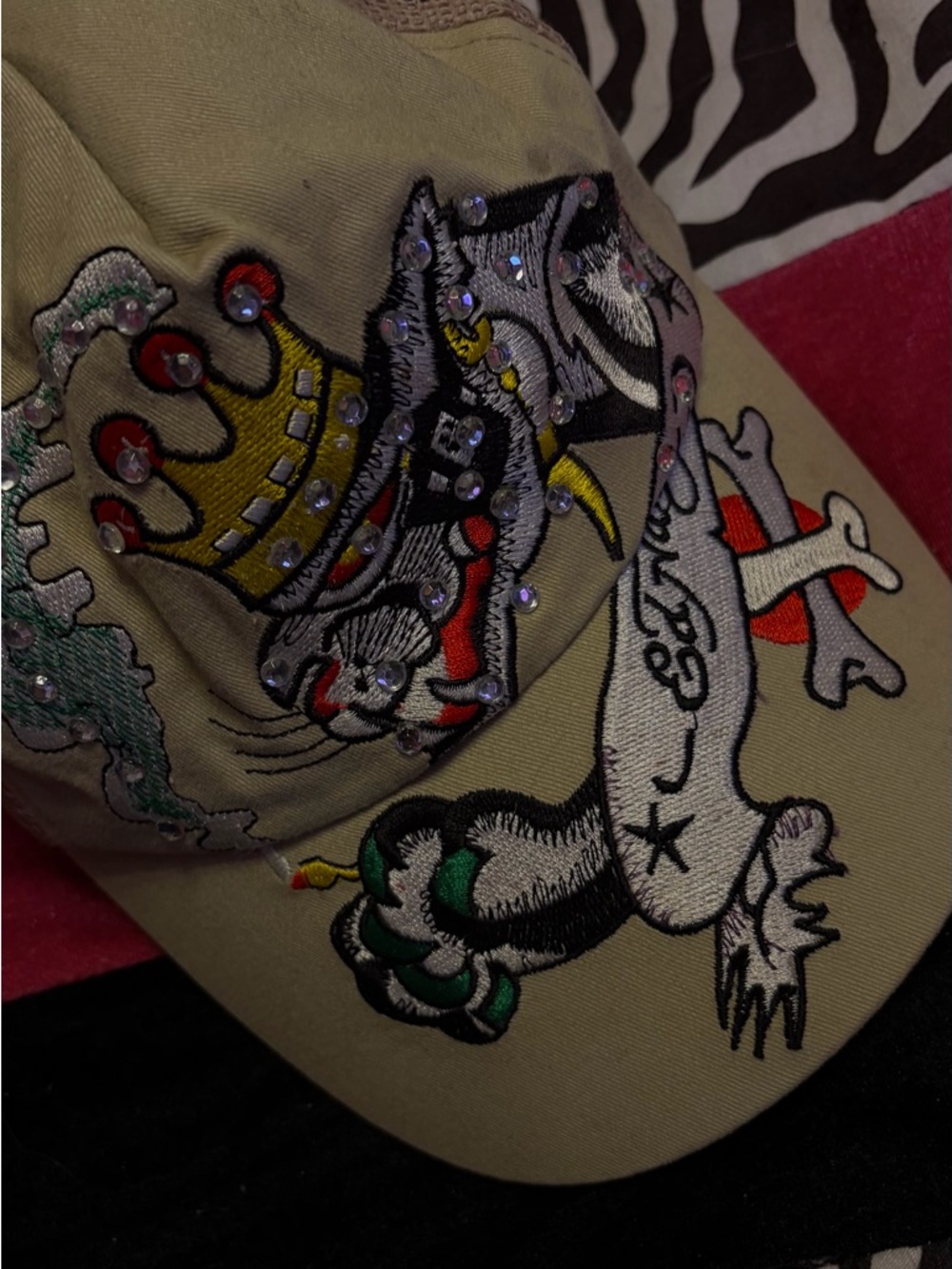 Ed Hardy Beige Hat with Multicolor Interior Graphic